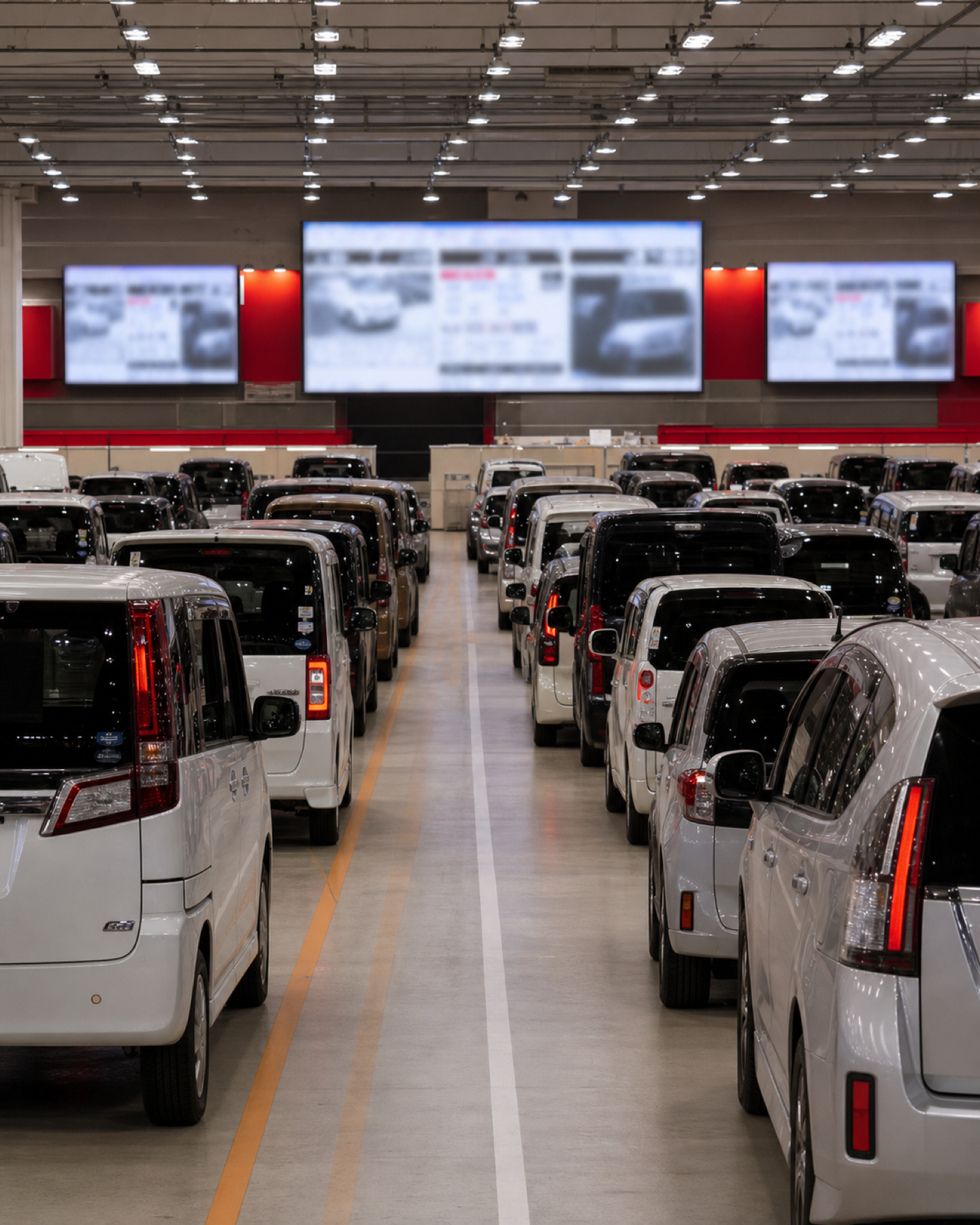 Japanese-market vehicles inside a professional Japan auction hall