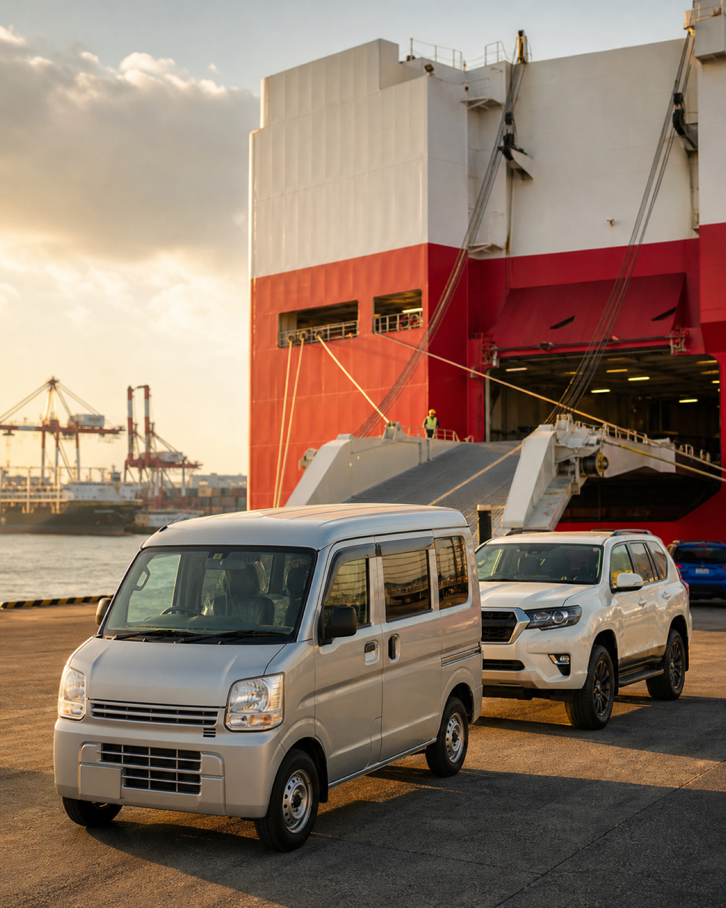 Japanese kei van and SUV staged for RoRo export at Yokohama port