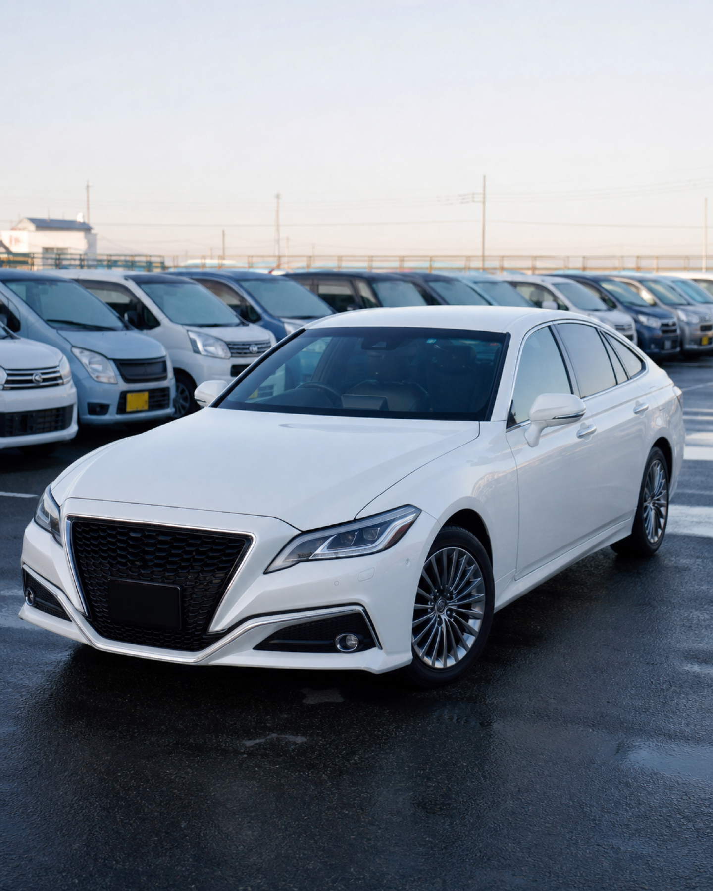 Japanese luxury hybrid in a Yokohama vehicle stock yard